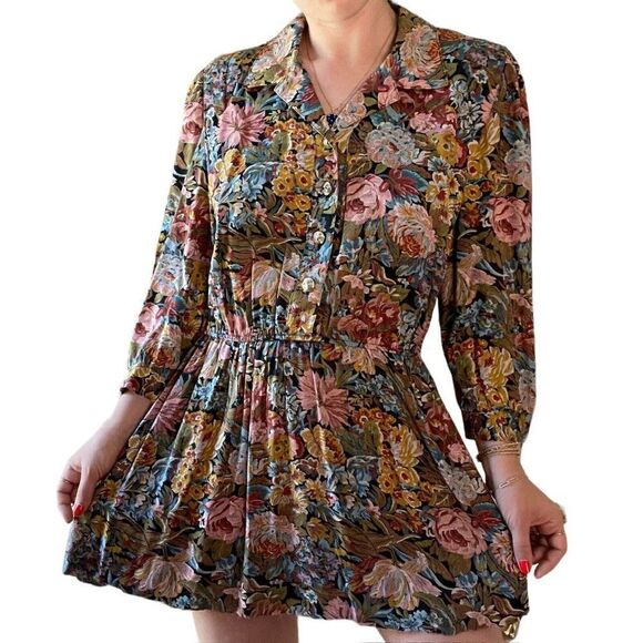 Vintage 1980s Periwinkle Cottagecore Floral Raw Hem Cropped Mini Dress Sz M - Picture 1 of 6